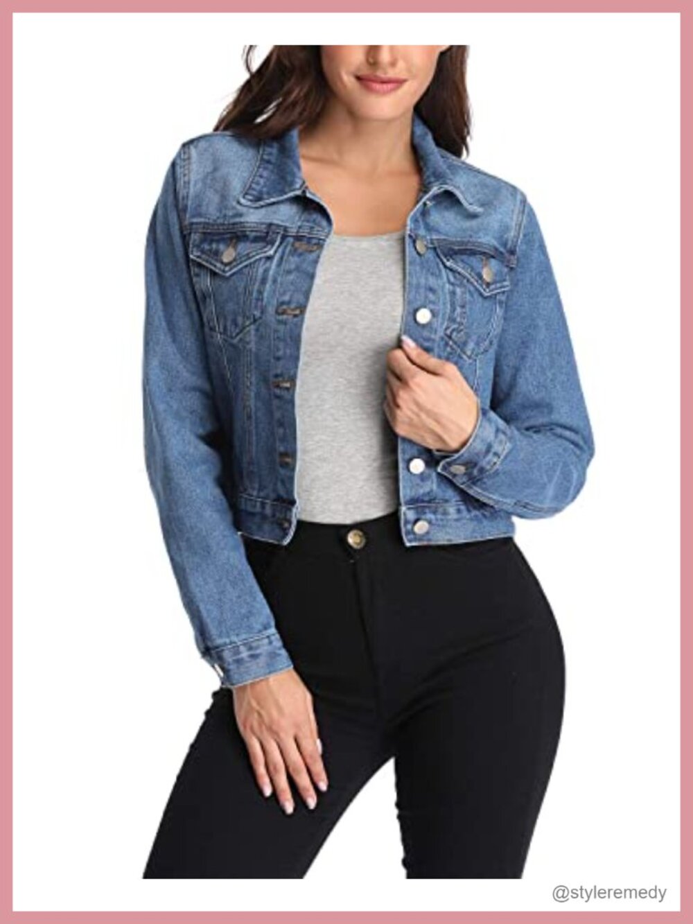 Cropped Denim Jacket Long Sleeve Button Down Jean Shacket with Pockets